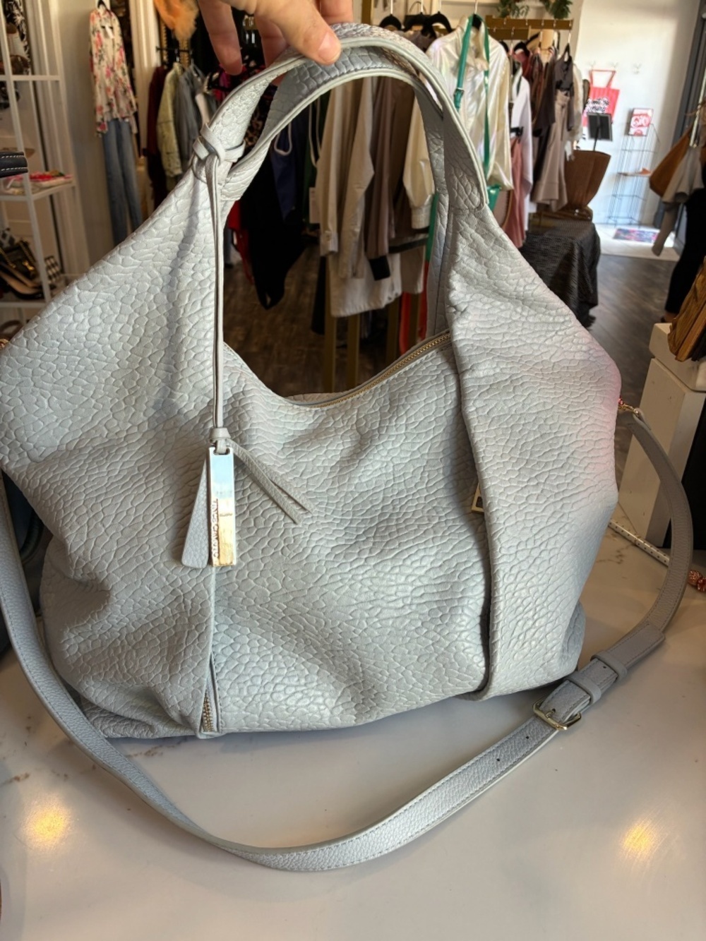 Vince Camuto Light Gray Pebbled Leather Hobo Bag NWOT